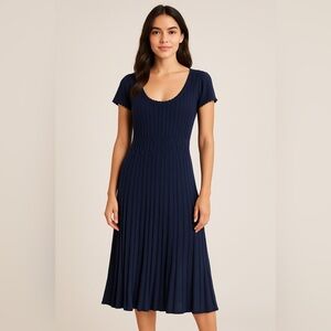 Max Studio Women’s Navy Blue Pleated Knit Midi Dress Size S Short Sleeve NWT